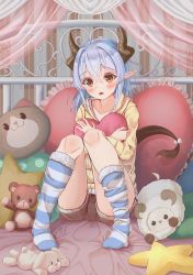 Rule 34 | 1girl, absurdres, blue hair, blush, brown eyes, collarbone, commentary request, facing viewer, full body, hair between eyes, highres, horns, hugging object, indoors, kneehighs, knees together feet apart, knees up, long hair, long sleeves, looking at viewer, no shoes, nyoon, original, pigeon-toed, pillow, pillow hug, pointy ears, short shorts, shorts, sitting, socks, solo, striped clothes, striped socks, stuffed animal, stuffed rabbit, stuffed toy, teddy bear