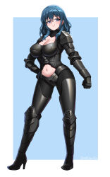 Rule 34 | 1girl, alternate costume, armor, blue eyes, blue hair, breasts, burnt green tea, bustier, byleth (female) (fire emblem), byleth (fire emblem), cleavage, cleavage cutout, closed mouth, clothing cutout, commission, fire emblem, fire emblem: three houses, full body, hair between eyes, hand on own hip, high heels, highres, large breasts, leg armor, medium hair, navel, navel cutout, nintendo, pauldrons, shoulder armor, simple background, smile, solo, stomach cutout, vambraces