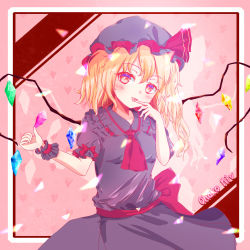 Rule 34 | 1girl, absurdres, adapted costume, artist name, ascot, back bow, blonde hair, bow, collarbone, collared shirt, commentary request, cowboy shot, finger to mouth, flandre scarlet, frilled shirt collar, frills, hair between eyes, hat, head tilt, heart, heart-shaped pupils, heart background, highres, licking, licking finger, looking at viewer, medium hair, mob cap, multicolored wings, ohako miyu, pink background, purple hat, purple shirt, purple skirt, red ascot, red bow, red eyes, shirt, side ponytail, skirt, solo, symbol-shaped pupils, touhou, wings, wrist cuffs