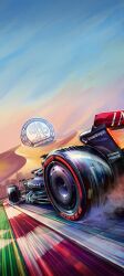 Rule 34 | absurdres, andrew mytro, car, commentary, desert, english commentary, formula one, formula racer, from behind, highres, lusail, mercedes-amg f1 w14, mercedes-benz, motion blur, motor vehicle, no humans, official art, petronas, pirelli, race vehicle, racecar, real world location, reflection, sky, snapdragon, spoiler (automobile), vehicle focus