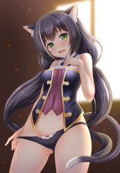 Rule 34 | 1girl, animal ear fluff, animal ears, black hair, black panties, blush, cat ears, cat girl, cat tail, commentary request, fang, green eyes, highres, karyl (princess connect!), long hair, looking at viewer, low twintails, multicolored hair, nagana sayui, navel, open mouth, panties, princess connect!, sleeveless, solo, streaked hair, sweat, tail, twintails, underwear, wavy mouth, white hair