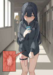 Rule 34 | 2girls, absurdres, black hair, black jacket, black shorts, black socks, blonde hair, blue eyes, blunt bangs, blush, bottomless, breasts, cellphone, closed mouth, controller, cross-section, day, door, egg vibrator, embarrassed, female focus, flat chest, gym uniform, hair between eyes, half-closed eyes, hallway, hand up, happy, highres, holding, holding phone, indoors, jacket, kneehighs, lemontyoisy r18, long hair, looking at viewer, matching hair/eyes, medium breasts, multiple girls, nose blush, open mouth, original, peeking out, phone, public indecency, pussy juice, remote control, remote control vibrator, school, sex toy, shoes, shorts, sidelocks, smartphone, smile, socks, solo focus, split mouth, standing, straight-on, textless version, thigh strap, track jacket, vibrator, vibrator cord, white footwear, window, yellow eyes