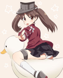 Rule 34 | 10s, 1girl, ass, bird, black skirt, blush, brown eyes, brown hair, duck, eyebrows, from behind, full body, ica, kantai collection, kneehighs, long hair, long sleeves, looking at viewer, looking back, panties, pantyshot, pink background, pleated skirt, pointing, ribbon, ryuujou (kancolle), sitting, skirt, socks, solo, star (symbol), starry background, thigh strap, tongue, tongue out, twintails, underwear, visor cap, white panties, white ribbon, white socks