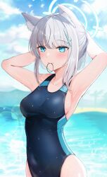 Rule 34 | 1girl, animal ear fluff, animal ears, arms behind head, beach, black one-piece swimsuit, blue archive, blue eyes, blue sky, breasts, cloud, competition swimsuit, covered navel, cowboy shot, cross hair ornament, day, extra ears, grey hair, hair ornament, halo, highres, low ponytail, medium breasts, medium hair, mismatched pupils, mountainous horizon, mouth hold, multicolored clothes, multicolored swimsuit, ocean, official alternate costume, one-piece swimsuit, outdoors, ranran 3939, rubber band, shiroko (blue archive), shiroko (swimsuit) (blue archive), sky, solo, swimsuit, wolf ears