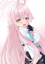 Rule 34 | 1girl, ahoge, artist request, blue archive, blush, commentary request, fang, fingerless gloves, gloves, hair between eyes, heterochromia, hoshino (blue archive), long hair, looking at viewer, moizumi shipon, necktie, open mouth, pink hair, school uniform, simple background, solo, tears, white background, yawning