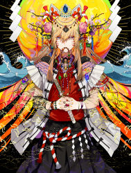 Rule 34 | 1boy, absurdres, beads, black skirt, blonde hair, bracelet, commentary request, facial tattoo, fish, flower, fox mask, hair between eyes, hair ornament, highres, huge filesize, interlocked fingers, jewelry, kazari tayu, long hair, looking at viewer, male focus, mask, mouth hold, nail polish, original, own hands together, pink flower, pleated skirt, ribbon, rope, sheath, sheathed, short sleeves, skirt, sparkle, tattoo, waves, yellow nails