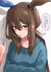 Rule 34 | 1girl, absurdres, admire vega (umamusume), animal ears, aran sweater, blush, brown hair, cable knit, commentary request, ear covers, hair between eyes, hair ornament, highres, hitode (ziburi), horse ears, horse girl, long hair, looking at viewer, open mouth, pink eyes, sweatdrop, sweater, translated, umamusume, white background
