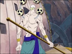 Rule 34 | 2boys, animated, animated gif, arch maxim, blonde hair, bulging eyes, enel, golden stick, lowres, monkey d. luffy, multiple boys, one piece, open mouth, scary face, skypiea, surprised, teeth, tongue, wide-eyed