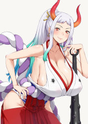 Rule 34 | 1girl, alternate breast size, aqua hair, breasts, cleavage, club, club (weapon), curled horns, darkmaya, hair ornament, hair stick, hakama, hakama pants, hip vent, horns, huge breasts, japanese clothes, kanabou, kimono, long hair, looking at viewer, multicolored hair, multicolored horns, one piece, oni, orange horns, pants, red eyes, red horns, red pants, rope, sleeveless, sleeveless kimono, smile, spiked club, weapon, white background, white hair, yamato (one piece), yellow horns