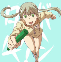 Rule 34 | 00s, baton, green eyes, gym uniform, legs, lowres, maka albarn, racing, running, shoes, shorts, skull, sneakers, soul eater, sweat, thighs, twintails