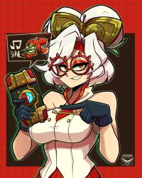 Rule 34 | 1boy, 1girl, 2023, absurdres, artist logo, artist name, bare shoulders, black gloves, breasts, collarbone, collared shirt, commentary, english commentary, eyeshadow, ganondorf, gloves, goggles, goggles on head, gold, grin, hair bun, headband, highres, holding, holding tablet pc, jizuz kord, large breasts, long hair, looking at viewer, makeup, mole, mole under mouth, nintendo, out of frame, patterned background, pointing, purah, purah pad, red-framed eyewear, red background, red eyes, red eyeshadow, sheikah, shirt, smile, solo focus, spanish text, speech bubble, tablet pc, the legend of zelda, the legend of zelda: tears of the kingdom, upper body, vest, white hair