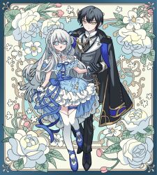Rule 34 | 1boy, 1girl, aiguillette, bad id, bad twitter id, black coat, black gloves, black hair, black pants, blue border, blue dress, blue eyes, blue footwear, blue ribbon, border, braid, closed mouth, coat, coat on shoulders, commission, crown braid, detached collar, dress, floral background, flower, frilled dress, frills, full body, gloves, grey jacket, hair between eyes, holding hands, jacket, long hair, long sleeves, looking at another, meremero, neck ribbon, open mouth, original, pants, ribbon, rose, shoes, short hair, smile, standing, thighhighs, white flower, white gloves, white hair, white rose, white thighhighs, yellow eyes