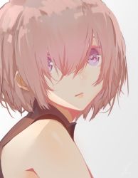 Rule 34 | 1girl, bare shoulders, close-up, commentary request, fate/grand order, fate (series), from side, hair over eyes, looking at viewer, looking back, mash kyrielight, pink hair, purple eyes, saihate (d3), short hair, sleeveless, solo
