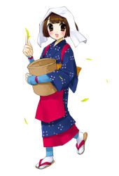 Rule 34 | 1girl, :d, basket, blush, brown eyes, brown hair, g munyo, japanese clothes, leaf, open mouth, sandals, short hair, simple background, smile, solo, towel, walking, white background