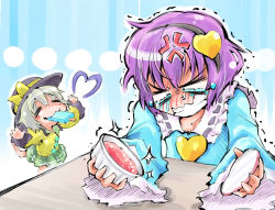 Rule 34 | 2girls, anger vein, angry, blouse, blue background, clenched teeth, eating, closed eyes, food, food in mouth, heart, ice cream, komeiji koishi, komeiji satori, leg up, long sleeves, multiple girls, outstretched arms, purple hair, scowl, shinapuu, shirt, short hair, siblings, sisters, skirt, snarl, sparkle, spread arms, striped, striped background, table, tears, teeth, touhou, trembling