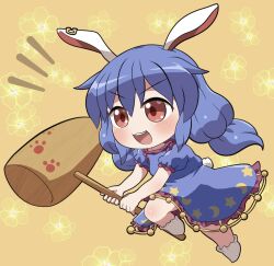 1girl :3 :d blue_dress blue_hair blush chibi chibi_only commentary_request dress earclip floral_background frilled_dress frilled_sleeves frills full_body holding holding_mallet kine long_hair low_twintails mallet no_shoes notice_lines open_mouth puffy_short_sleeves puffy_sleeves rabbit_girl rabbit_tail red_eyes rokugou_daisuke running seiran_(touhou) short_sleeves signature smile socks solo tail teeth touhou twintails upper_teeth_only v-shaped_eyebrows white_socks yellow_background