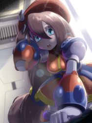 Rule 34 | 1girl, android, arm support, beret, breasts, brown hair, capcom, dress, green eyes, hair between eyes, hand in own hair, hat, iris (mega man), long hair, low-tied long hair, mega man (series), mega man x4, mega man x (series), napo, open mouth, red hat, solo, very long hair