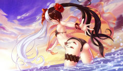 Rule 34 | 10s, 1girl, ass, bikini, black bikini, black hair, blade &amp; soul, blush, cloud, covered erect nipples, dutch angle, eyepatch, flat chest, flower, from behind, grin, hair between eyes, hair flower, hair ornament, holding, legband, long hair, looking back, multicolored hair, outdoors, outstretched arm, partially submerged, pohwaran, sky, smile, solo, sparkle, split-color hair, standing, sun, sunset, swimsuit, testa421, twintails, two-tone hair, very long hair, wading, water, water drop, white hair, wristband, yellow eyes