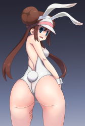 Rule 34 | 1girl, animal ears, ass, bare legs, black eyes, blush, breasts, brown hair, creatures (company), double bun, embarrassed, empty eyes, fake animal ears, fake tail, from behind, game freak, gradient background, groin, hair bun, highres, legs, leotard, long hair, looking at viewer, looking back, nintendo, nose blush, open mouth, playboy bunny, pokemon, pokemon bw2, rabbit ears, rabbit tail, rosa (pokemon), simple background, small breasts, standing, strapless, tail, thighs, twintails, visor cap, white leotard, wrist cuffs, yachi (fujiyasu0616)