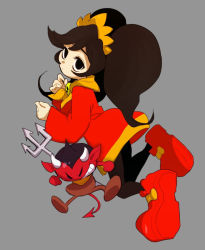 Rule 34 | 1boy, 1girl, ashley (warioware), bags under eyes, black eyes, black hair, black legwear, closed mouth, colored skin, demon, demon horns, demon tail, dot mouth, dot nose, dress, expressionless, grey background, hairband, horns, iii (artist), looking at viewer, neckerchief, neckwear request, nintendo, orange hairband, orange neckerchief, polearm, red (warioware), red dress, red footwear, red skin, sidelocks, simple background, skull, swept bangs, tail, trident, twintails, warioware, weapon