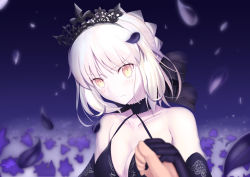Rule 34 | 1girl, artoria pendragon (all), artoria pendragon (fate), black bow, black choker, black gloves, bow, breasts, choker, cleavage, closed mouth, collarbone, diadem, elbow gloves, fate/stay night, fate (series), gloves, hair bow, highres, holding hands, medium breasts, neko daruma, petals, pov, purple background, saber alter, short hair, silver hair, solo focus, yellow eyes