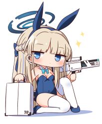 Rule 34 | 1girl, animal ears, assault rifle, bare shoulders, blonde hair, blue archive, blue bow, blue eyes, blue footwear, blue hair, blue hairband, blue leotard, blush, bow, braid, breasts, bullpup, caseless firearm, chibi, closed mouth, collar, colored shoe soles, commentary request, covered navel, detached collar, earpiece, fake animal ears, full body, gun, h&amp;k g11, hair bow, hairband, halo, hana kazari, headset, high-capacity magazine, highres, holding, holding gun, holding weapon, horizontal magazine, knee up, leotard, looking at viewer, medium breasts, multicolored hair, playboy bunny, prototype design, rabbit ears, rifle, shoes, simple background, solo, sparkle, strapless, strapless leotard, streaked hair, suitcase, thighhighs, toki (blue archive), toki (bunny) (blue archive), weapon, weapon request, white background, white collar, white thighhighs, wing collar, wrist cuffs