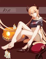 Rule 34 | 1girl, artist name, bare legs, barefoot, blonde hair, breasts, candle, closed mouth, collarbone, crossed legs, demon horns, demon tail, girls&#039; frontline, halloween, high heels, highres, holding, holding shoes, horns, legs, long hair, looking at viewer, medium breasts, nail polish, on floor, ots-14 (girls&#039; frontline), pumpkin, pumps, red nails, regenerate-x, shoes, simple background, single shoe, smile, soles, solo, stiletto heels, tail, thighs, toenail polish, toenails, toes, yellow eyes
