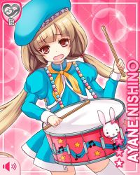 Rule 34 | 1girl, beret, blonde hair, blue dress, rabbit, card, character name, dress, drum, drumsticks, girlfriend (kari), hat, holding, instrument, marching band, nishino ayane, official art, open mouth, stuffed toy, handbag, qp:flapper, red eyes, solo, strap, tagme, thighhighs, twintails, worried