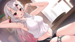 Rule 34 | 1girl, alternate costume, arm up, armpits, bare shoulders, black shorts, blush, bracelet, breasts, dutch angle, grey hair, hair between eyes, hashtag-only commentary, highres, hololive, horns, indoors, jewelry, kag tsukimi, long hair, looking at viewer, medium breasts, midriff, multiple bracelets, nakiri ayame, navel, oni, plate, red eyes, shirt, shorts, skin-covered horns, sleeveless, sleeveless shirt, solo, stomach, tongue, tongue out, virtual youtuber, white shirt