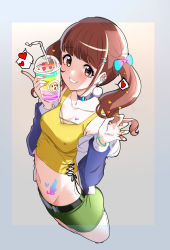 Rule 34 | 1girl, belt, black belt, blue choker, blunt bangs, blush, bow, breasts, brown eyes, brown hair, choker, cleavage, clenched teeth, collarbone, cup, earrings, food, green shorts, hair bow, hair ornament, healin&#039; good precure, heart, heart hair ornament, highres, hiramitsu hinata, holding, holding cup, ice cream, jewelry, looking at viewer, midriff, multicolored bow, nail polish, navel, precure, rumo, shirt, short hair, shorts, smile, solo, spoken heart, stomach tattoo, tattoo, teeth, twintails, yellow nails, yellow shirt