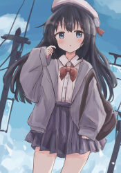 Rule 34 | 1girl, :c, arm at side, bag, beret, black hair, blue eyes, blue skirt, blue sky, blush, bow, bowtie, cloud, collared shirt, colon br, cowboy shot, day, dutch angle, grey jacket, hand up, hat, highres, hood, hood down, hooded jacket, jacket, legs apart, long hair, open mouth, original, outdoors, pleated skirt, power lines, raised eyebrows, red bow, red bowtie, shirt, shoulder bag, skirt, sky, solo, straight hair, thighs, utility pole, white hat, white shirt