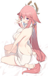 Rule 34 | 1girl, absurdres, animal ears, ass, backless outfit, barefoot, breasts, butt crack, cloba, earrings, fox ears, genshin impact, highres, jewelry, large breasts, long hair, low-tied long hair, meme attire, pink hair, purple eyes, solo, thighs, very long hair, virgin killer sweater, white background, yae miko