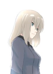 Rule 34 | 1girl, absurdres, blue eyes, closed mouth, commentary, dress shirt, girls und panzer, grey shirt, highres, itsumi erika, kuromorimine school uniform, light frown, lips, long hair, long sleeves, oze (xyz go go11), school uniform, shirt, silver hair, simple background, sketch, solo, upper body, white background