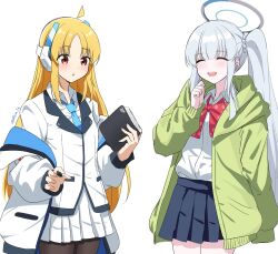 Rule 34 | ahoge, blonde hair, blue archive, blue necktie, bocchi the rock!, formal, grey hair, halo, highres, ijichi nijika, jacket, long hair, mechanical halo, multiple girls, necktie, noa (blue archive), reia 76, school uniform, shirt, side ponytail, skirt, smile, suit, two-sided fabric, two-sided jacket, voice actor connection, white jacket, white skirt, white suit, yellow eyes