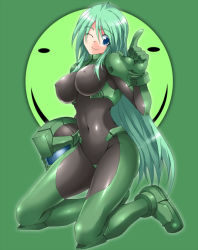 Rule 34 | 1girl, armored core, armored core: for answer, black bodysuit, blue eyes, bodysuit, breasts, covered erect nipples, from software, gloves, green hair, helmet, kneeling, large breasts, latex, long hair, may greenfield, md5 mismatch, ment, navel, one eye closed, resolution mismatch, skin tight, smile, solo, source larger, wink
