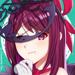 Rule 34 | 1girl, choker, closed mouth, edamameoka, fascinator, female focus, fire emblem, fire emblem engage, gloves, highres, ivy (fire emblem), light smile, long hair, looking at viewer, matching hair/eyes, mole, mole under mouth, nintendo, portrait, purple eyes, purple hair, simple background, smile, solo, twitter username, white gloves