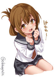 Rule 34 | 1girl, anchor symbol, black sailor collar, black skirt, blush, cowboy shot, ebifurya, folded ponytail, from above, hair between eyes, hair ornament, hairclip, highres, inazuma (kancolle), kantai collection, looking at viewer, looking up, neckerchief, necktie, open mouth, red neckwear, sailor collar, school uniform, serafuku, simple background, sitting, skirt, solo, trembling, twitter username, white background