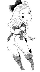 Rule 34 | 1girl, ahoge, ass, boots, bow, bravely default: flying fairy, bravely default (series), dated, edea lee, from behind, full body, gloves, greyscale, hair bow, long hair, looking at viewer, looking back, monochrome, pants, simple background, smile, solo, tsukudani (coke-buta), white background