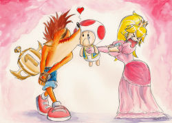 Rule 34 | &gt; &lt;, 1girl, 2boys, absurdres, blonde hair, blush, breasts, crash bandicoot, crash bandicoot (series), crossover, denim, denim shorts, disgust, dress, closed eyes, fingerless gloves, gloves, heart, highres, kiss, large breasts, long hair, mario (series), multiple boys, nintendo, open mouth, ponytail, princess, princess peach, rejection, shoes, shorts, super mario bros. 1, thighs, toad (mario), tongue, tongue out, traditional media, trophy