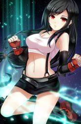 Rule 34 | 1990s (style), 1girl, bad id, bad pixiv id, bare shoulders, black hair, breasts, cleavage, crop top, felicia-val, final fantasy, final fantasy vii, gloves, highres, large breasts, long hair, looking at viewer, midriff, miniskirt, navel, parted lips, red eyes, skirt, solo, standing, tifa lockhart