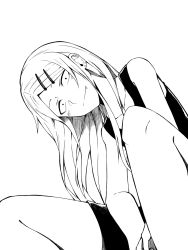 Rule 34 | 10s, 1girl, bare shoulders, blush, collarbone, dagashi kashi, ear piercing, earrings, endou saya, fang, fang out, greyscale, hair ornament, hairclip, highres, jewelry, long hair, looking at viewer, monochrome, piercing, simple background, sitting, sketch, sleeveless, smile, solo, tsukamoto minori, white background