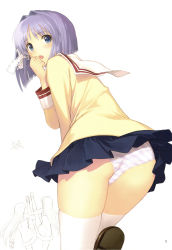 Rule 34 | 00s, 1boy, 3girls, :o, ass, back, blue eyes, blue hair, blue panties, blush, bob cut, clannad, clenched hand, clothes lift, from behind, fujibayashi kyou, fujibayashi ryou, hair intakes, hair ribbon, hairband, hand to own mouth, high kick, highres, kicking, kneehighs, lace, leaning forward, leg lift, loafers, long hair, long sleeves, looking at viewer, looking back, miniskirt, multiple girls, open mouth, page number, panties, pantyshot, parted bangs, partially colored, pleated skirt, purple hair, ribbon, sakagami tomoyo, scan, school uniform, serafuku, shirt, shoes, short hair, siblings, simple background, sisters, skindentation, skirt, skirt lift, sleeve cuffs, socks, solo focus, standing, standing on one leg, striped clothes, striped panties, sunohara youhei, surprised, teamwork, thighhighs, thighs, tony taka, tress ribbon, twins, underwear, upskirt, very long hair, white background, white panties, white thighhighs, wind, wind lift
