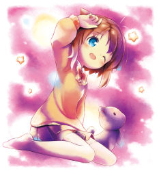 Rule 34 | 1girl, ;d, aikei ake, animal, arm up, black cat, black skirt, blue eyes, blush, bow, brown hair, brown sweater, cat, collared shirt, full body, hair flaps, highres, no shoes, one eye closed, open mouth, original, pleated skirt, red bow, shirt, sitting, skirt, smile, solo, star (symbol), sweater, thighhighs, wariza, white shirt, white thighhighs