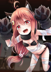 Rule 34 | 1girl, ahoge, alternate costume, animal ears, animal hands, bandages, bare shoulders, bikini, commentary request, crescent, crescent hair ornament, fang, gloves, hair ornament, highres, kantai collection, kurona, micro bikini, navel, o-ring, o-ring top, open mouth, paw gloves, pink hair, rabbit hair ornament, smile, solo, swimsuit, tail, uzuki (kancolle), wolf ears, wolf tail