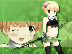 Rule 34 | blonde hair, bow (weapon), fantasy earth zero, green eyes, highres, inuarashi, midriff, navel, thighhighs, wallpaper, weapon, wink