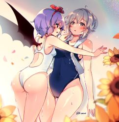 Rule 34 | 2girls, against wall, ahoge, ass, bare arms, bare shoulders, bat wings, blue eyes, blue one-piece swimsuit, blush, braid, breasts, collarbone, commentary, competition swimsuit, covered navel, eye contact, fang, flower, gluteal fold, groin, hair between eyes, hair ribbon, heart, heart-shaped pupils, index finger raised, izayoi sakuya, kabedon, kirero, light purple hair, looking at another, medium breasts, multiple girls, one-piece swimsuit, open mouth, petals, red eyes, red ribbon, remilia scarlet, ribbon, shiny skin, short hair, silver hair, small breasts, standing, sunflower, swimsuit, symbol-shaped pupils, thigh gap, thighs, touhou, towel, towel around neck, twin braids, twitter username, white one-piece swimsuit, wings, yuri