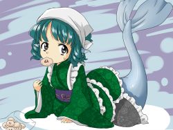 Rule 34 | 1girl, arm support, bag, bandana, blue hair, dolphin, dress, drill hair, earrings, eating, fins, fish tail, floral print, food, frilled dress, frills, grey eyes, head fins, highres, japanese clothes, jewelry, kimono, long sleeves, lying, mermaid, monster girl, mouth hold, obi, on stomach, ribbon, sash, short hair, sleeves past wrists, solo, sweat, sweatdrop, tail, touhou, ukanmuri, wakasagihime, yellow ribbon