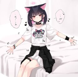 Rule 34 | 1girl, animal ears, belt, black cardigan, black choker, black hair, blue archive, bracelet, cardigan, cardigan around waist, cat ears, choker, clothes around waist, colored inner hair, commentary request, extra ears, feet out of frame, fingernails, halo, highres, jewelry, kazusa (band) (blue archive), kazusa (blue archive), logo, looking at viewer, multicolored hair, nail polish, negu (pixiv 6519140), outstretched arms, pink hair, print shirt, shirt, short hair, short sleeves, skirt, solo, speech bubble, thigh belt, thigh strap, translation request, two-tone hair, white skirt, wristband