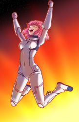 Rule 34 | 1girl, :d, absurdres, aries spring, arms up, artist name, bodysuit, breasts, clenched hand, closed eyes, covered navel, full body, gradient background, highres, kaije7, kanata no astra, medium breasts, open mouth, pink hair, smile, solo