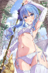 Rule 34 | 1girl, :p, alternate costume, armpits, blue eyes, blue hair, blue ribbon, blush, breasts, cable knit, closed mouth, commentary request, detached sleeves, fingernails, from below, garter straps, gluteal fold, hair between eyes, hair ribbon, halberd, highres, holding, holding polearm, holding weapon, hololive, hoshimachi suisei, long fingernails, long hair, looking at viewer, medium breasts, meme attire, nail polish, navel, outdoors, overgrown, panties, pillar, pink nails, polearm, qussie, ribbed legwear, ribbed panties, ribbed sleeves, ribbed sweater, ribbed thighhighs, ribbon, ruins, side-tie panties, side ponytail, sleeveless, sleeveless sweater, sleeveless turtleneck, solo, star (symbol), star in eye, stomach, sweater, symbol in eye, thighhighs, tongue, tongue out, turtleneck, turtleneck sweater, underboob, underwear, virgin destroyer sweater, virtual youtuber, weapon, white panties, white sleeves, white sweater, white thighhighs